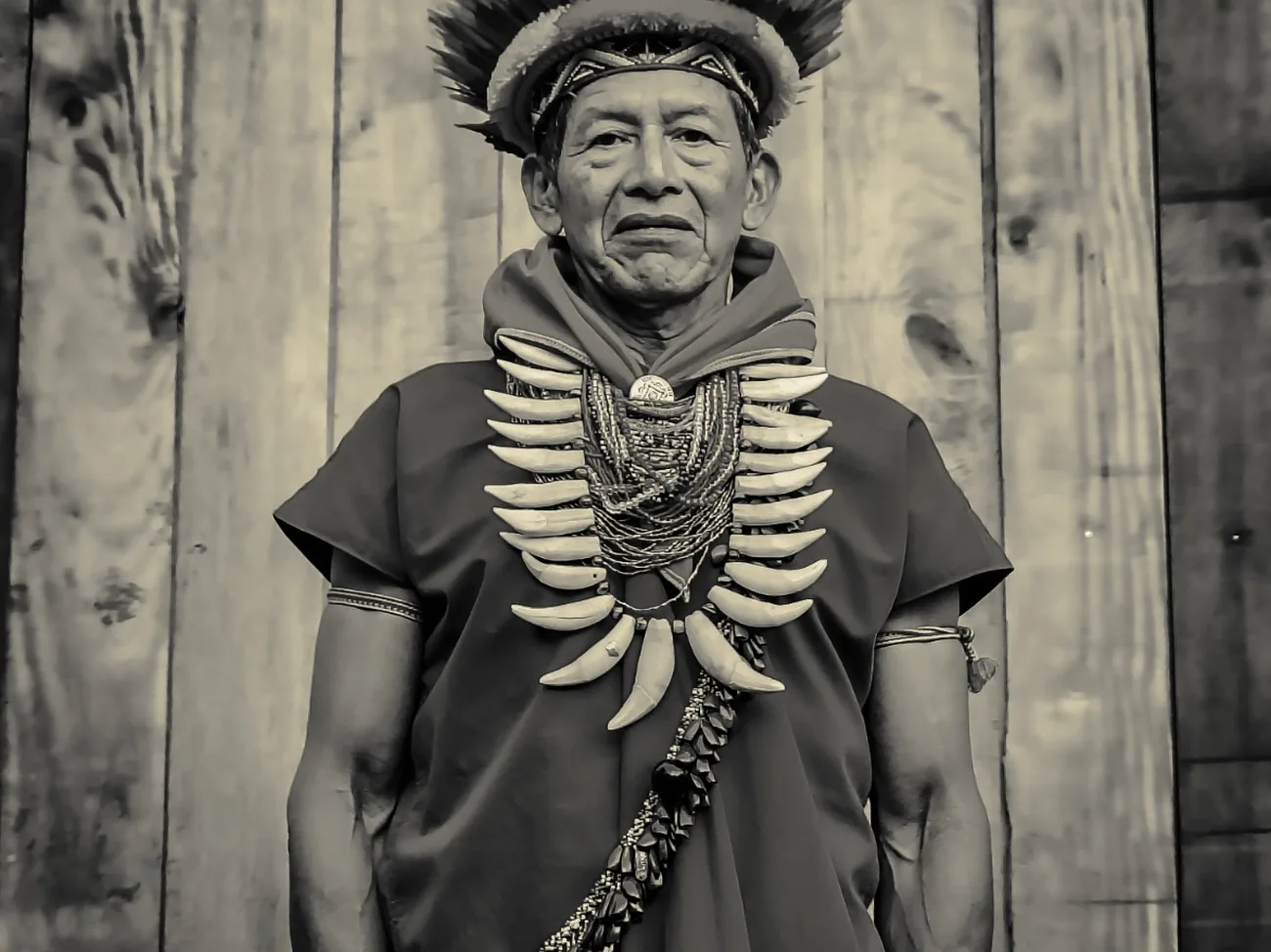 Taita David Queta, autoridad tradicional del pueblo Ai Cofán, con su corona de plumas